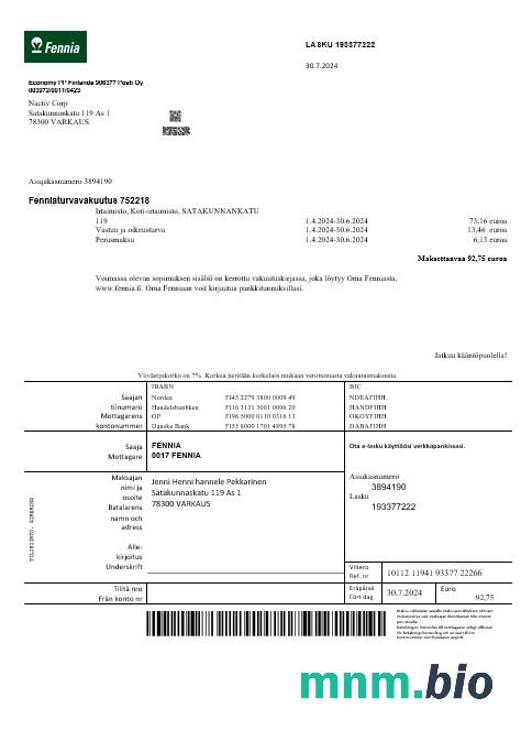 Szablon rachunku biznesowego firmy ubezpieczeniowej Finland Fennia w formatach Word i PDF
